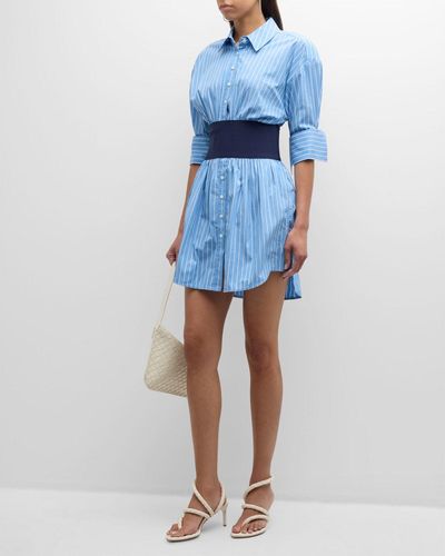 STAUD Michelle Pinstripe Cotton Poplin Mini Dress - Blue