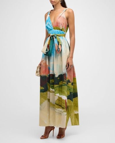 Oscar de la Renta Plunging Landscape-Print Waist-Tie Sleeveless Maxi Dress - Blue