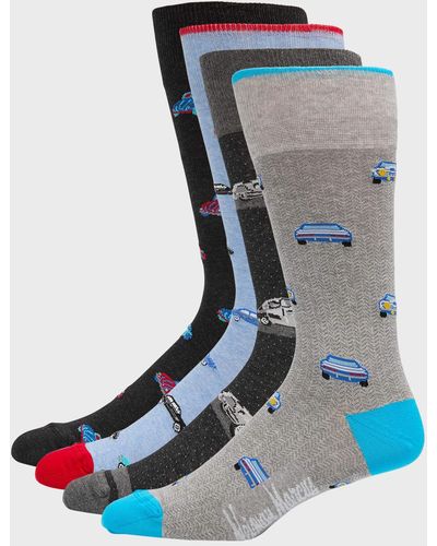 Neiman Marcus 4-Pack Car-Print Socks - Blue