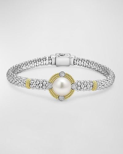 Lagos Sterling Silver And 18k Luna Pearl Lux Center With 4 Diamond Rope Bracelet - Metallic