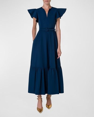Akris Punto Cap-Sleeve Belted Tiered-Hem Taffeta Midi Dress - Blue