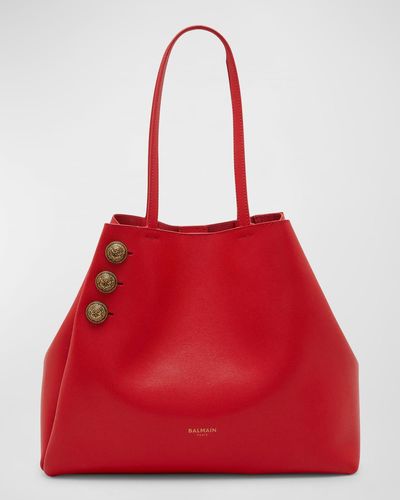Balmain Embleme Leather Shopping Tote Bag - Red