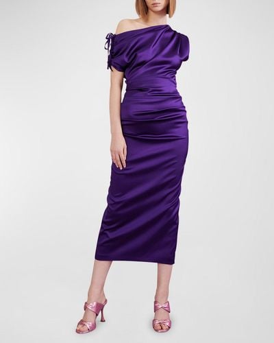 Talbot Runhof Tie Draped One-shoulder Satin Midi Dress - Purple