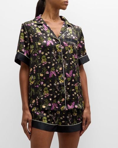 Neiman Marcus Short Printed Silk Charmeuse Pajama Set - Black