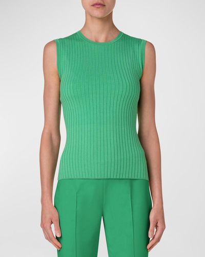 Akris Silk-Cotton Stretch Large Rib Knit Tank Top - Green