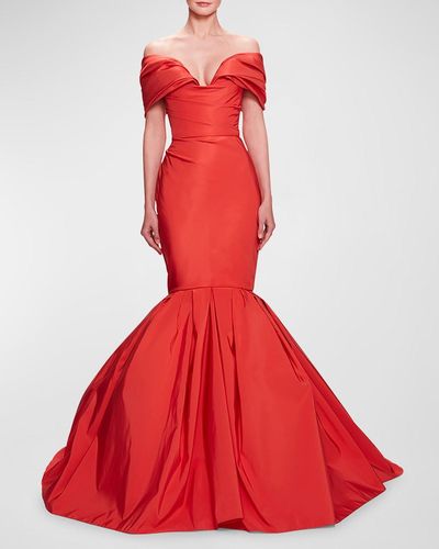 Marchesa Draped Off-The-Shoulder Silk Faille Mermaid Gown - Red