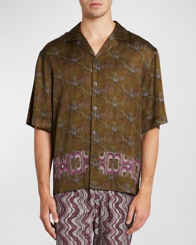 Dries Van Noten Cassi Embroidered Camp Shirt - Brown