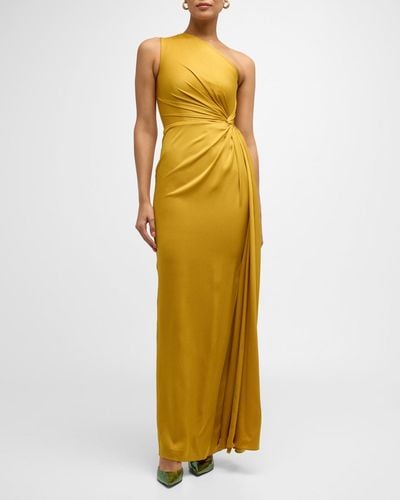Alex Perry One-Shoulder Twisted Satin Crepe Column Gown - Yellow