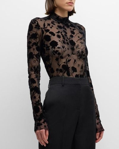 Givenchy 4G Floral Velvet Burnout Long-Sleeve Bodysuit - Black