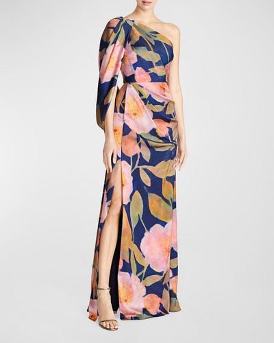 THEIA Tori Drapped One Shoulder Gown In Nocturnal Peonies - White