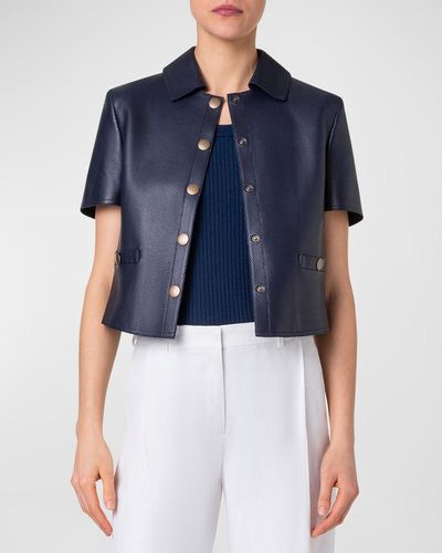 Akris Punto Short-Sleeve Perforated Nappa Leather Crop Shirt Jacket - Blue