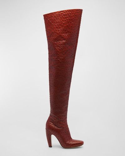 Bottega Veneta Canalazzo Embossed Leather Over-The-Knee Boots - Red