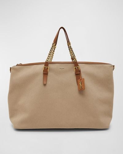 Saint Laurent Ysl Zip Leather & Canvas Duffel Bag - Natural