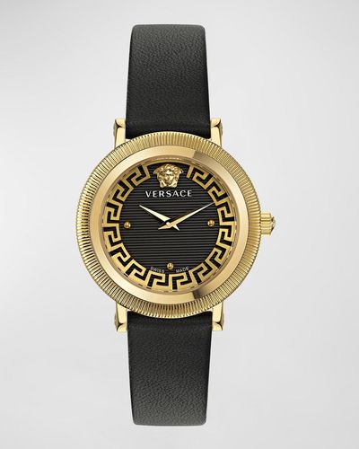 Versace 35Mm Greca Flourish Watch With Leather Strap - Metallic