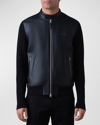 Mackage Dominic Mixed Media Leather And Wool Knit Jacket - Blue