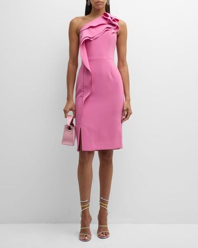 Teri Jon Ruffle One-Shoulder Crepe Midi Dress - Pink