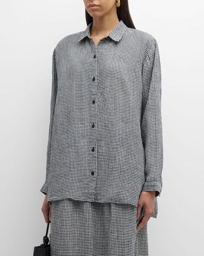 Eileen Fisher Gingham Button-Down Organic Linen Shirt - Gray