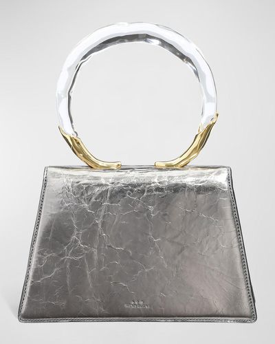 Alexis Quad Cracked Metallic Ring Top-Handle Bag - Gray