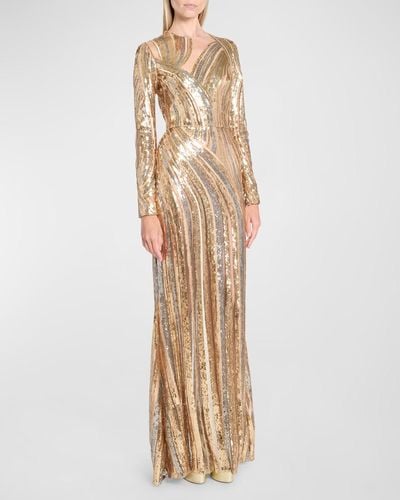 Elie Saab Sequin Embroidered Tulle Cutout Long-Sleeve Gown - Natural