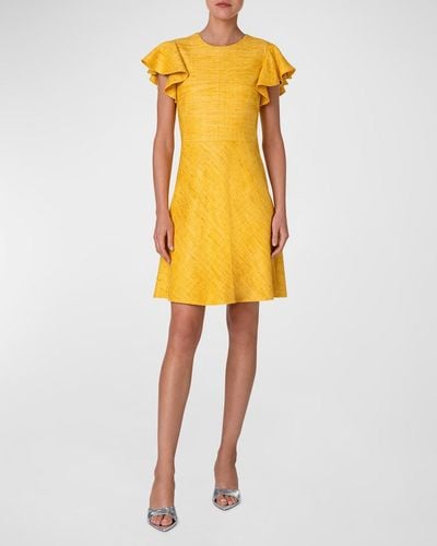 Akris Punto Ruffle-Sleeve Raw Indian Silk A-Line Dress - Yellow