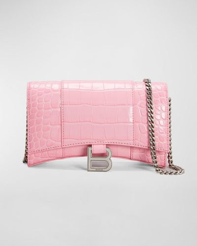 Balenciaga Hourglass Croc-embossed Wallet Crossbody Bag - Pink