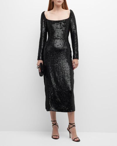 Rasario Sequin Long-Sleeve Side-Slit Midi Dress - Black