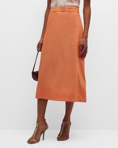 Misook Belted A-Line Poplin Midi Skirt - Orange