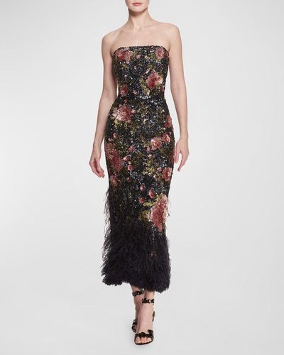 Marchesa Floral Print Sequin Embroidered Column Gown With Feather Trim - Blue