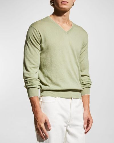 Neiman Marcus Extra Lightweight Wool-Cashmere V-Neck Sweater - Green