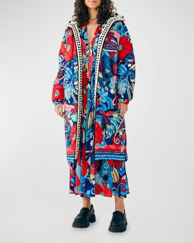 FARM Rio Graphic Floral Reversible Quilted Puffer Coat - Blue