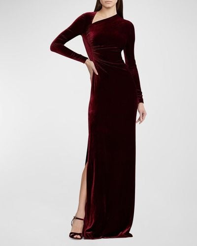 Ralph Lauren Collection Kinslee Ruched Long-Sleeve Velvet Gown - Red