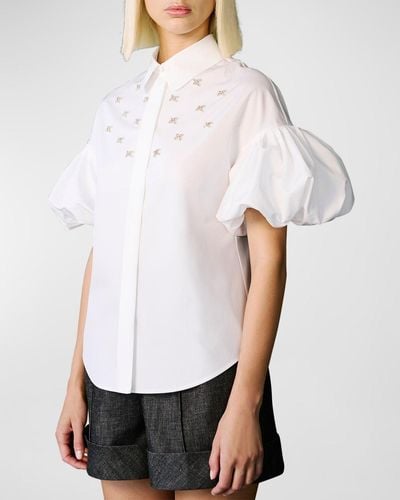 Dice Kayek Crystal Short Puff-Sleeve Collared Shirt - White