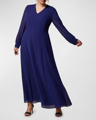 Marina Rinaldi Plus Size Cambio Sheer-Sleeve A-Line Maxi Dress - Blue