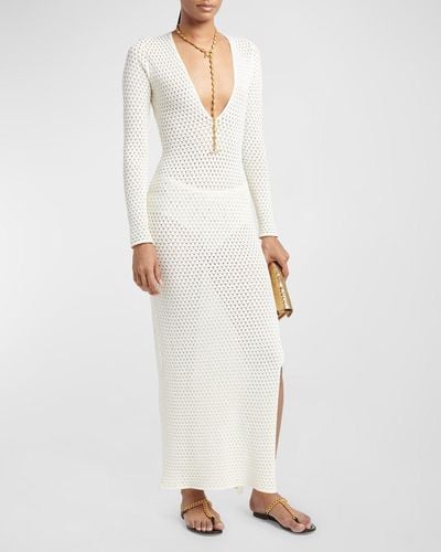Tom Ford Openwork Maxi Dress With Slit And Detachable Tonal Slip - White