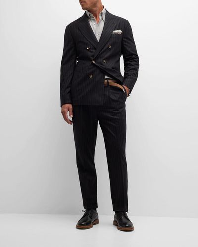 Brunello Cucinelli Pinstriped Flannel Double-Breasted Suit - Black