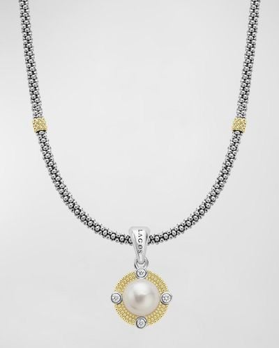 Lagos Sterling Silver And 18k Luna Pearl Lux With Diamond Pendant Necklace - Metallic