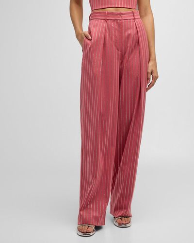 Alex Perry Mid-Rise Pleated Crystal Pinstripe Straight-Leg Pants - Red