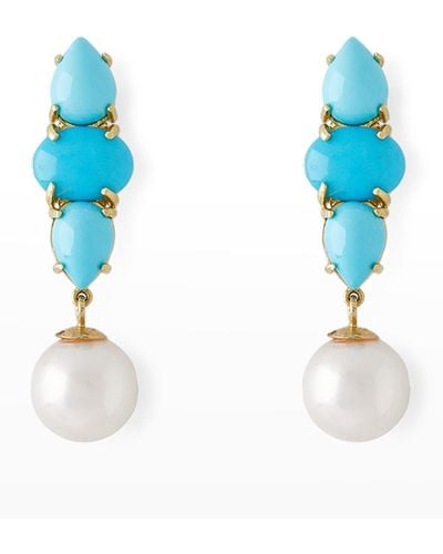 Pearls By Shari 18k Yellow Gold Oval And Pear-cut Turquoise With 8.5mm Akoya Pearl Drop Earrings - Blue