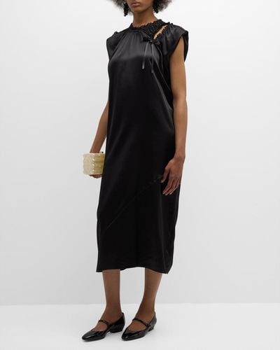 Simone Rocha Gathered Shoulder-Cutout Satin Midi Sack Dress - Black