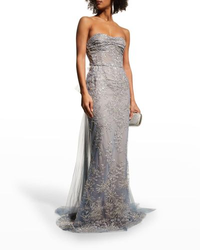 Marchesa Strapless Paillette Embroidered Gown W/ Back Tulle - Gray