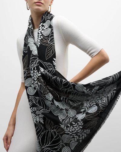 Janavi Leaflet Merino Wool & Silk Scarf - Black