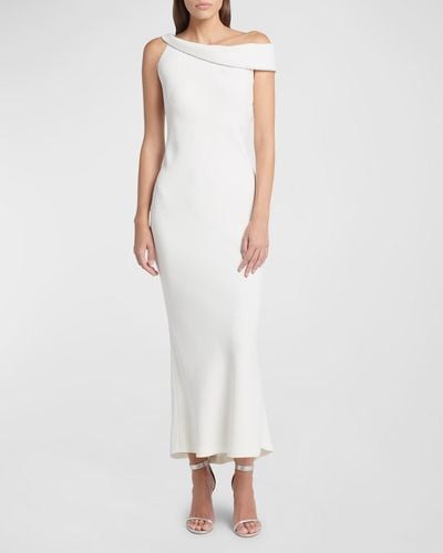 Giorgio Armani Off-Shoulder Satin Crystal Trim Gown - White