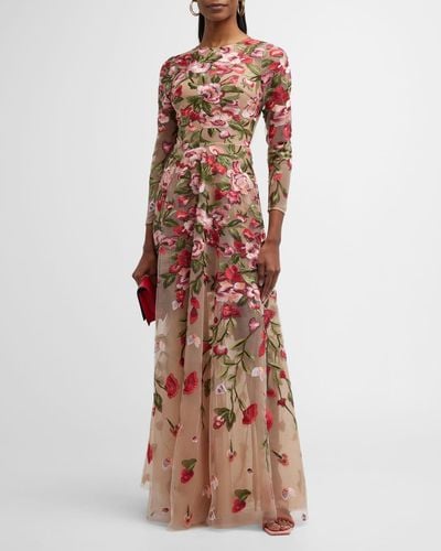 Dress the Population Ava Floral-embroidered 3/4-sleeve Gown - Brown