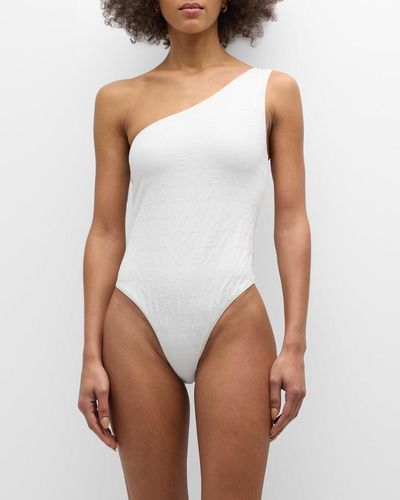Balmain Logo Embossed One-Shoulder One-Piece Swimsuit - White