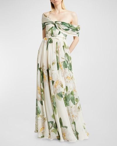 Giambattista Valli Floral-Print Twisted Off-The-Shoulder Gown - Green