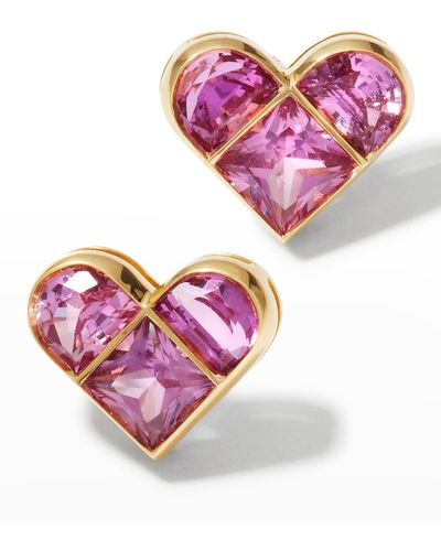 NM Estate Estate Yellow Gold Pink Sapphire Heart Stud Earrings
