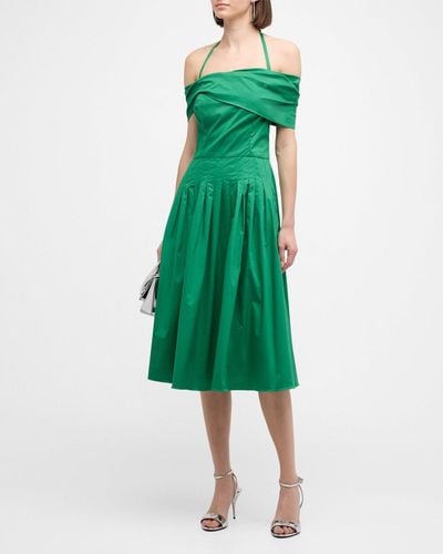 Oscar de la Renta Off-The-Shoulder Halter Pleated Cotton Midi Dress - Green