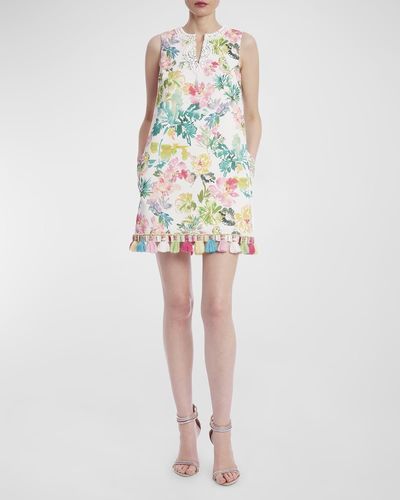 Badgley Mischka Beaded Floral-Print Tassel-Trim Mini Dress - Multicolor