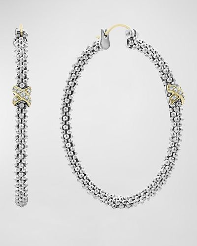 Lagos Embrace Diamond-x Skinny Hoop Earrings W/ 18k Gold - White