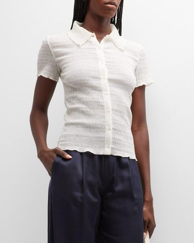 Vince Smocked Short-Sleeve Button-Front Shirt - White